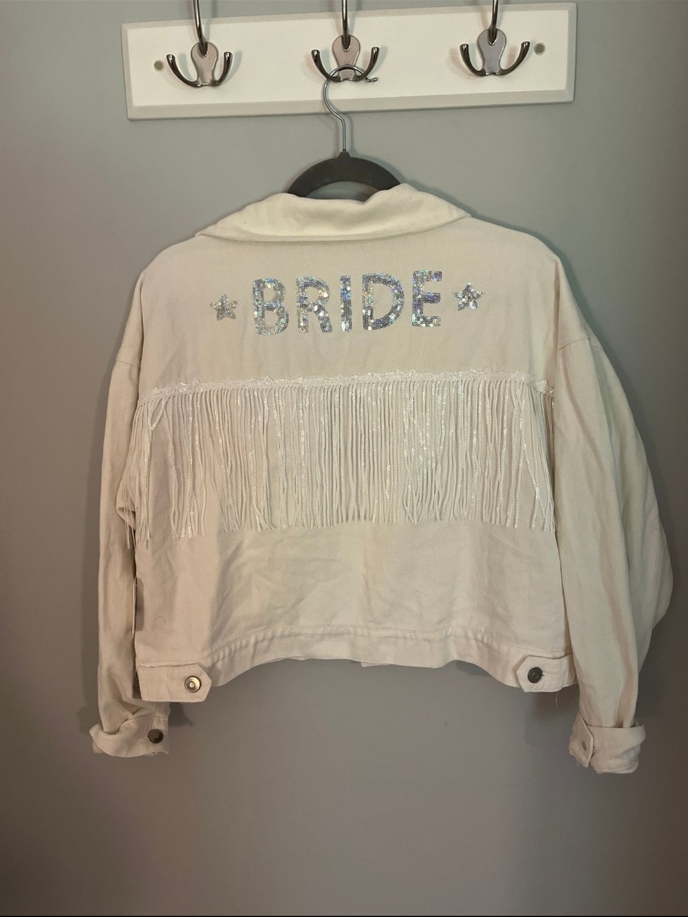 Altar'd State White Fringe 'BRIDE' Embellished Jean Jacket
